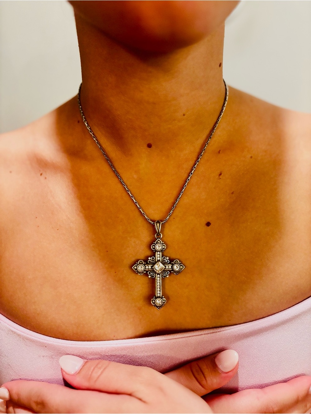 Sterling Silver Ornate Cross Pendant Necklace - Silver